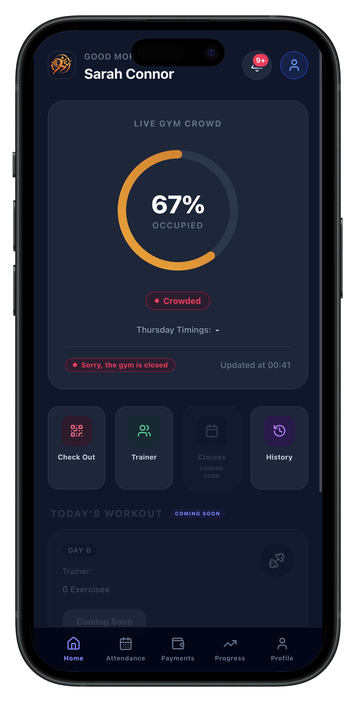 FitSync Member App Home Screen featuring Live Gym Crowd Occupancy Meter