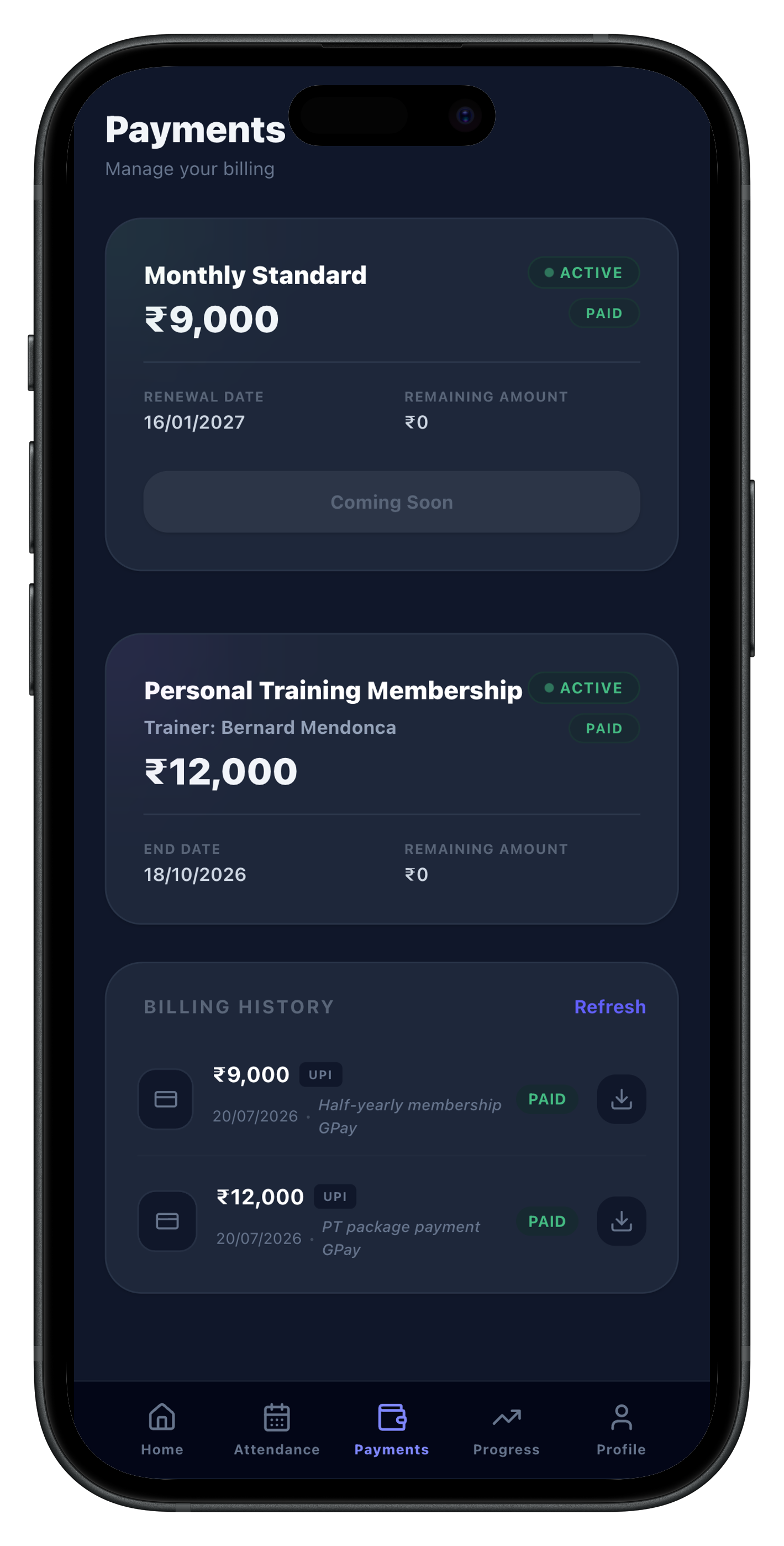 FitSync Member Mobile App Active Membership & PT Plan Details