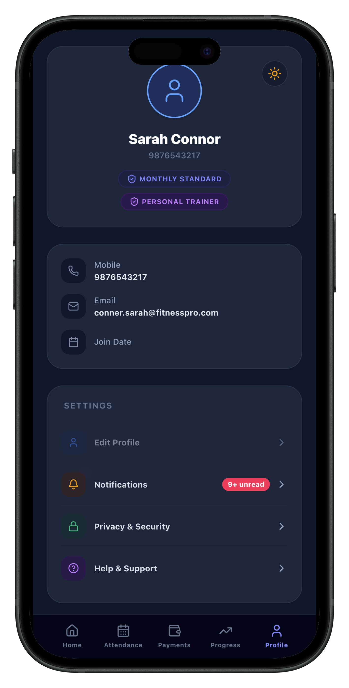 FitSync Member Mobile App Profile, Fitness Logs & Settings View